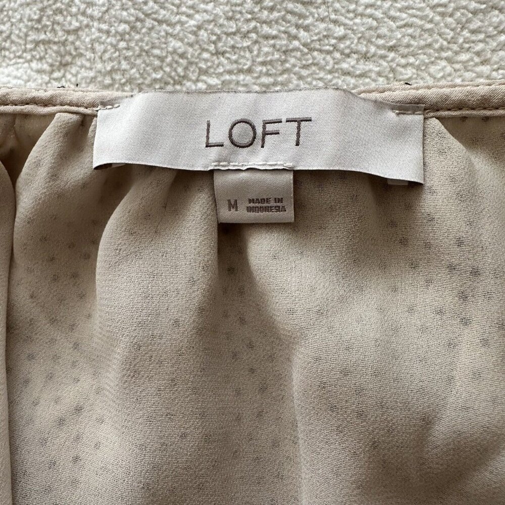 Loft Women's SZ M Black Polka Dot Beige Long Sleeve Ruffle Blouse Romantic - Picture 8 of 9